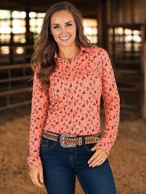COWGIRL TUFF Pullover Button Up Rodeo Cowgirl Coral/Orange shirt sz Medium euc
